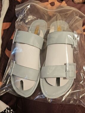 Qupid Light Gray Double Strap Buckle Sandals